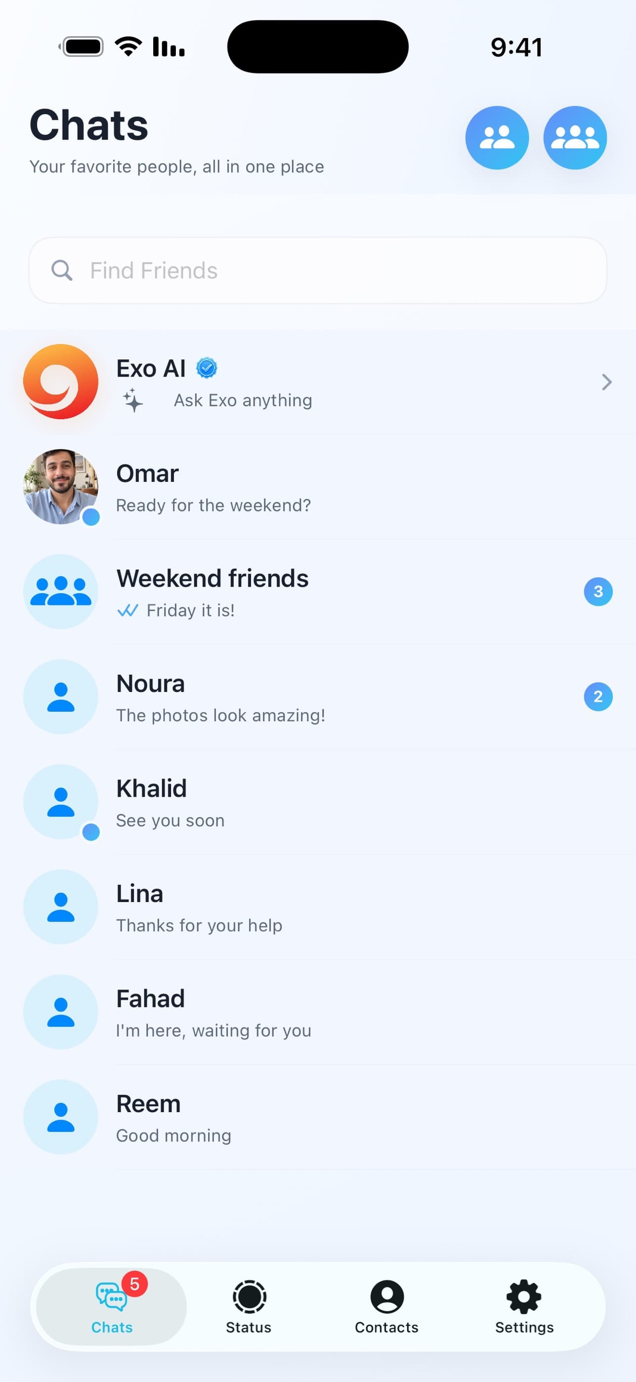 قائمة المحادثات في تطبيق ألولو شات